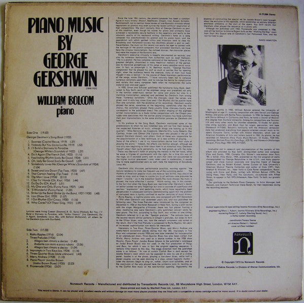 George Gershwin - William Bolcom : Piano Music By George Gershwin (LP, Album)