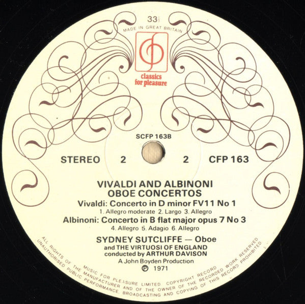 Antonio Vivaldi / Tomaso Albinoni - Sidney Sutcliffe, The Virtuosi Of England Conducted By Arthur Davison : Oboe Concertos (LP, RP)