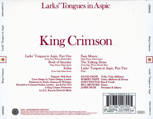 King Crimson : Larks' Tongues In Aspic (HDCD, Album, RE, RM)