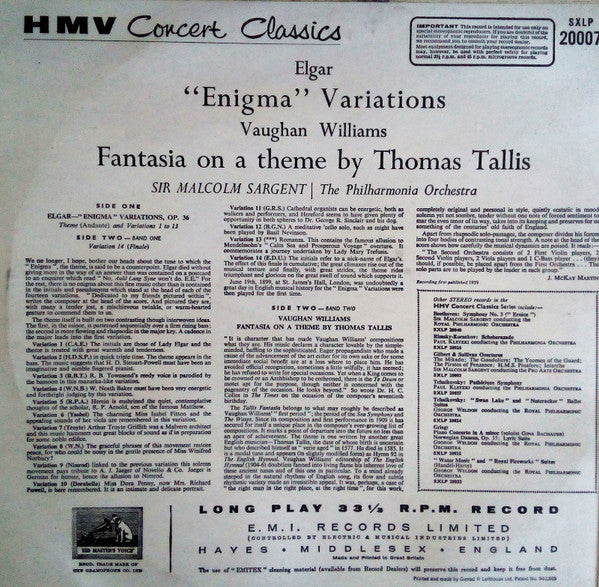 Sir Edward Elgar / Ralph Vaughan Williams, Sir Malcolm Sargent | Philharmonia Orchestra : The Enigma Variations / Fantasia On A Theme By Thomas Tallis (LP, Album)