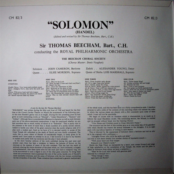 Georg Friedrich Händel, Sir Thomas Beecham Conducting Royal Philharmonic Orchestra : Solomon (2xLP, Album, RE)