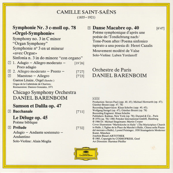 Camille Saint-Saëns, Chicago Symphony Orchestra, Orchestre De Paris, Daniel Barenboim : Symphonie Nr.3 »Orgel-Symphonie« / Danse Macabre / Bacchanale / Le Déluge (CD, Comp, RM)