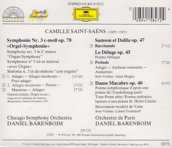 Camille Saint-Saëns, Chicago Symphony Orchestra, Orchestre De Paris, Daniel Barenboim : Symphonie Nr.3 »Orgel-Symphonie« / Danse Macabre / Bacchanale / Le Déluge (CD, Comp, RM)