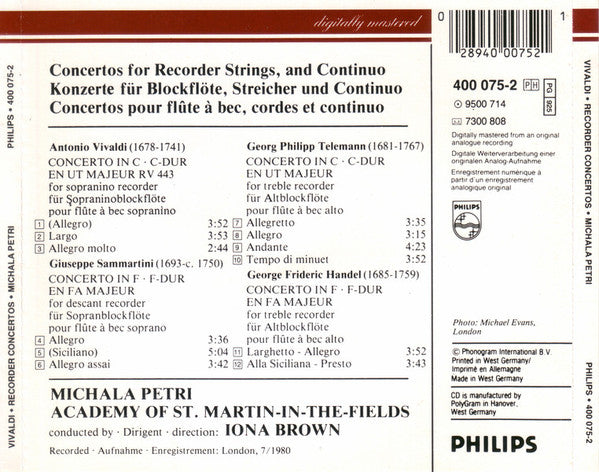 Antonio Vivaldi, Giuseppe Sammartini, Georg Philipp Telemann, Georg Friedrich Händel / Michala Petri, The Academy Of St. Martin-in-the-Fields, Iona Brown : Recorder Concertos = Blockflötenkonzerte = Concertos Pour Flûte A Bec (CD, RE)