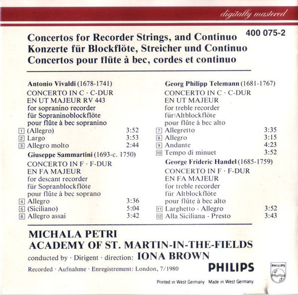 Antonio Vivaldi, Giuseppe Sammartini, Georg Philipp Telemann, Georg Friedrich Händel / Michala Petri, The Academy Of St. Martin-in-the-Fields, Iona Brown : Recorder Concertos = Blockflötenkonzerte = Concertos Pour Flûte A Bec (CD, RE)