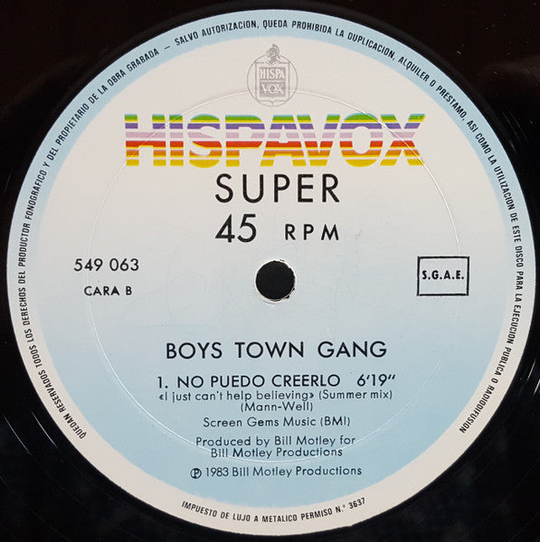 Boys Town Gang : I Just Can't Help Believing (12", Maxi)