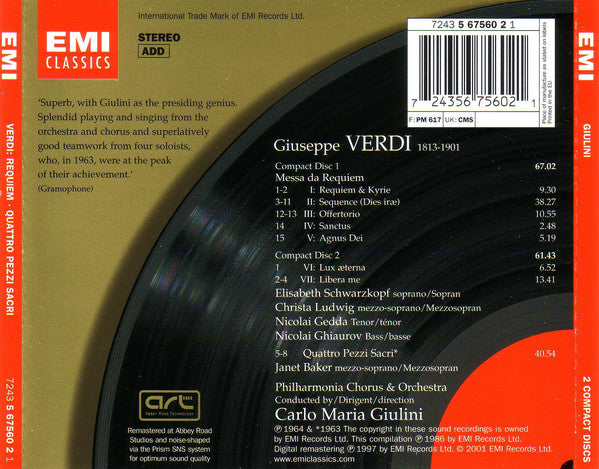 Giuseppe Verdi - Carlo Maria Giulini, Elisabeth Schwarzkopf · Christa Ludwig · Nicolai Gedda · Nicolai Ghiaurov · Janet Baker · Philharmonia Chorus & Philharmonia Orchestra : Messa Da Requiem / Quattro Pezzi Sacri (2xCD, Comp, RE, RM, RP)