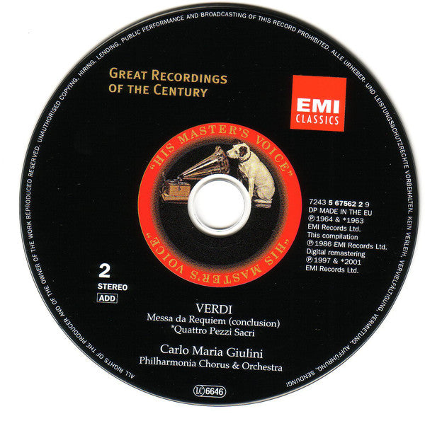Giuseppe Verdi - Carlo Maria Giulini, Elisabeth Schwarzkopf · Christa Ludwig · Nicolai Gedda · Nicolai Ghiaurov · Janet Baker · Philharmonia Chorus & Philharmonia Orchestra : Messa Da Requiem / Quattro Pezzi Sacri (2xCD, Comp, RE, RM, RP)