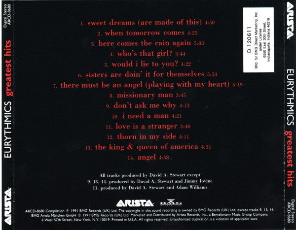 Eurythmics : Greatest Hits (CD, Comp, Club)