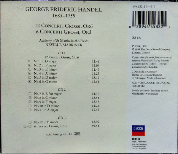 Georg Friedrich Händel - The Academy Of St. Martin-in-the-Fields, Sir Neville Marriner : Concerti Grossi, Op. 3 & Op. 6 (3xCD, Comp, RE, RM)