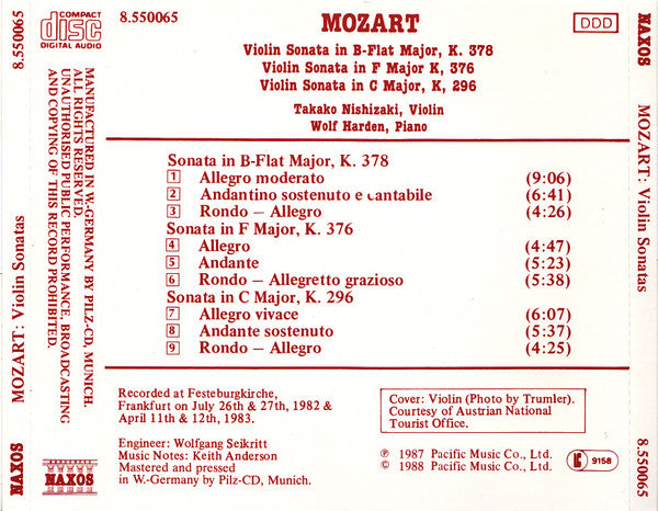 Wolfgang Amadeus Mozart, Takako Nishizaki, Wolf Harden : Violin Sonatas K.378, K.376 & K.296 (CD)