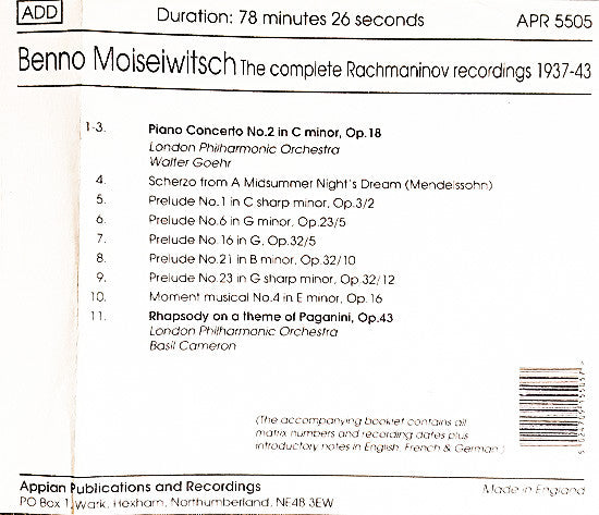 Benno Moiseiwitsch : The Complete Rachmaninov Recordings: 1937-43 (CD, Comp, Mono)