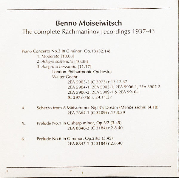 Benno Moiseiwitsch : The Complete Rachmaninov Recordings: 1937-43 (CD, Comp, Mono)