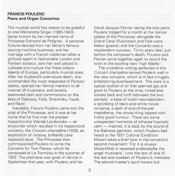 Francis Poulenc, Pascal Rogé, Sylviane Deferne, Peter Hurford, Philharmonia Orchestra, Charles Dutoit : Piano Concerto / Concerto For 2 Pianos / Organ Concerto (CD)