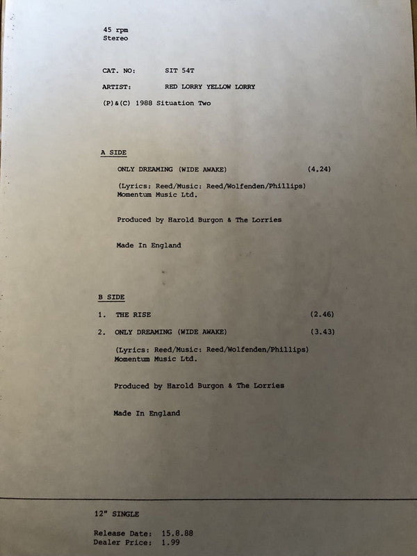 Red Lorry Yellow Lorry : Only Dreaming (Wide Awake) (12", Single, W/Lbl)