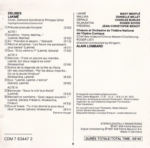 Léo Delibes - Mady Mesplé, Charles Burles, Roger Soyer, Chœurs Du Théâtre National De L'Opéra Comique Et Orchestre du Théâtre National de l'Opéra-Comique, Alain Lombard : Lakmé (Highlights) (CD)