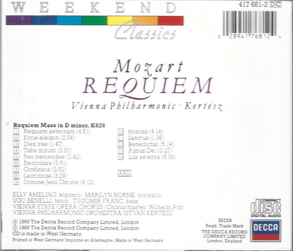 Wolfgang Amadeus Mozart, Wiener Philharmoniker, István Kertész : Requiem (CD, Album)