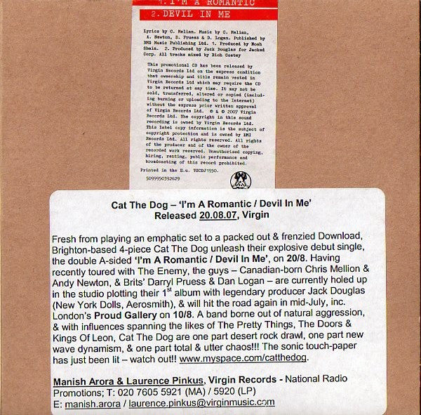 Cat The Dog : I'm A Romantic / Devil In Me (CD, Single, Promo, Car)