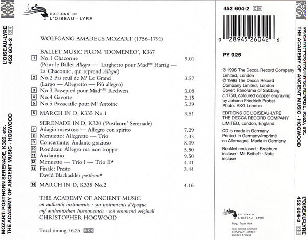 Wolfgang Amadeus Mozart - The Academy Of Ancient Music, Christopher Hogwood : 'Posthorn Serenade, Ballet Music From 'Idomeneo' (CD, Album)