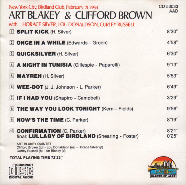 Art Blakey & Clifford Brown : New York City, Birdland Club, February 21, 1954 (CD, Comp, RP)