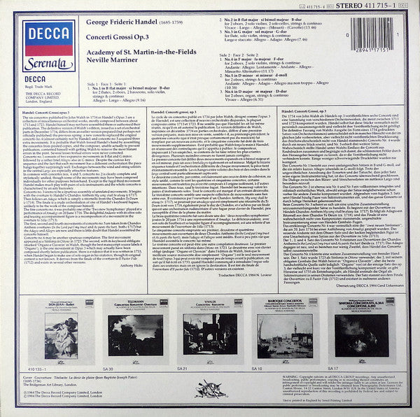 Georg Friedrich Händel – The Academy Of St. Martin-in-the-Fields, Sir Neville Marriner : Concerti Grossi Op. 3 (LP, RE)