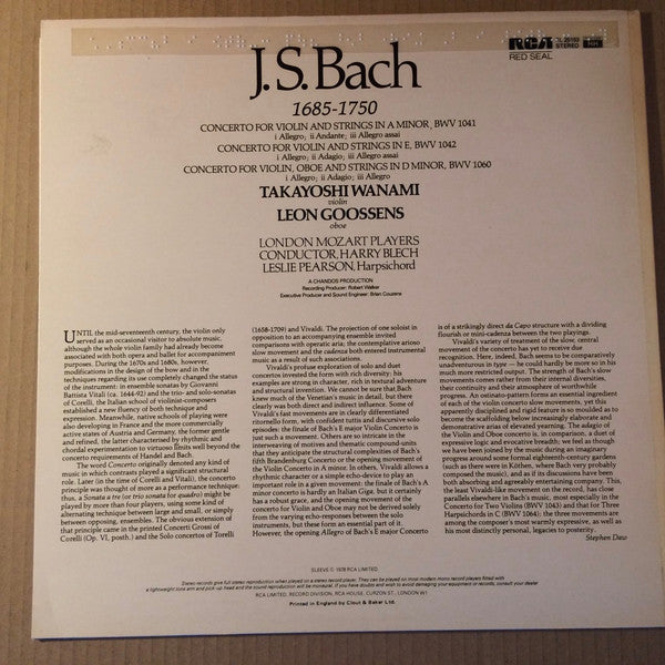 Takayoshi Wanami, Leon Goossens, London Mozart Players, Johann Sebastian Bach : Concertos For Violin And Strings, Concerto For Violin, Oboe And Strings (LP, Album)