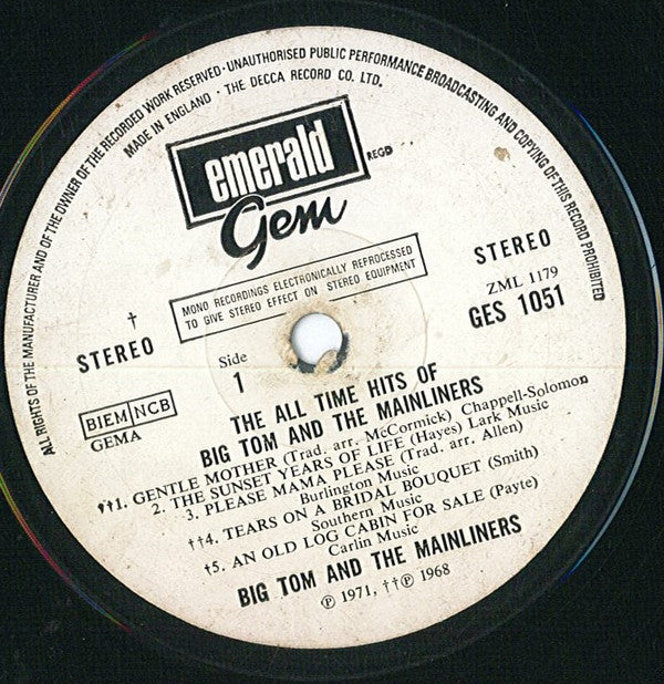 Big Tom And The Mainliners : The All-Time Hits Of Big Tom And The Mainliners (LP, Comp)