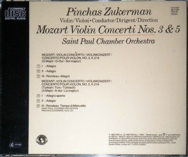 Wolfgang Amadeus Mozart, Pinchas Zukerman, The Saint Paul Chamber Orchestra : Violin Concerti Nos. 3 & 5 (CD, Album, RE)