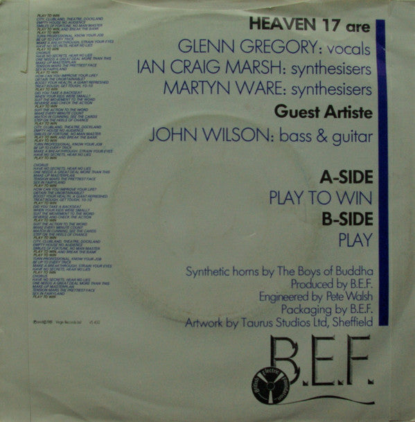 Heaven 17 : Play To Win (7", Single, Pap)