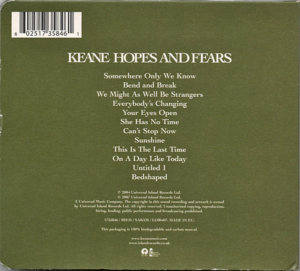 Keane : Hopes And Fears (CD, Album, RE, Dig)