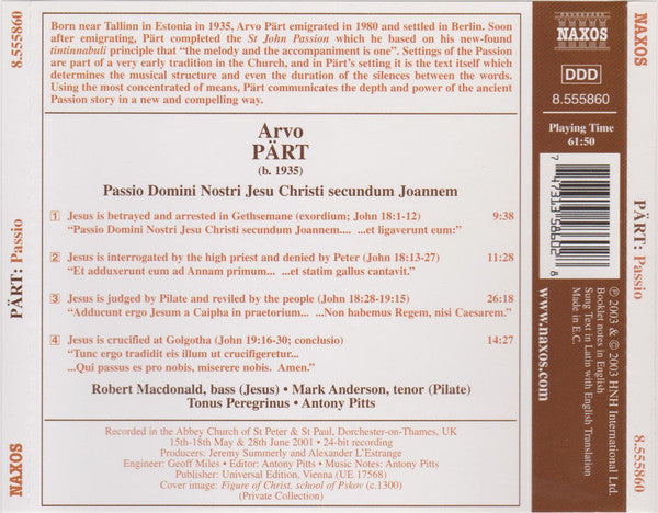 Arvo Pärt - Tonus Peregrinus, Antony Pitts : Passio (CD, Album, RE, O-C)