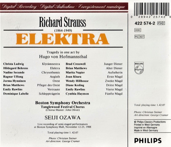 Richard Strauss – Hildegard Behrens • Christa Ludwig • Nadine Secunde • Ragnar Ulfung • Jorma Hynninen / Boston Symphony Orchestra • Seiji Ozawa : Elektra (2xCD, Album, RE)