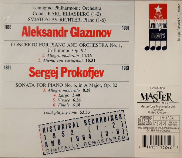 Alexander Glazunov, Sergei Prokofiev, Sviatoslav Richter : Piano Concerto No. 1, Piano Sonata No. 6 (CD, RM)
