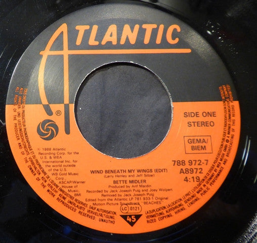 Bette Midler : The Wind Beneath My Wings (7", Single)