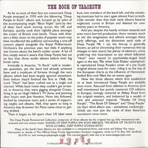 Deep Purple : The Book Of Taliesyn (CD, Album, RE, RM, Med)