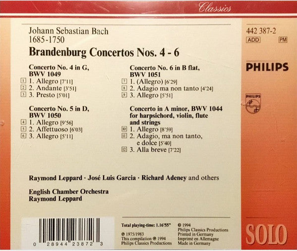 Johann Sebastian Bach - English Chamber Orchestra, Raymond Leppard : Brandenburg Concertos Nos. 4, 5 & 6 (CD, RM)