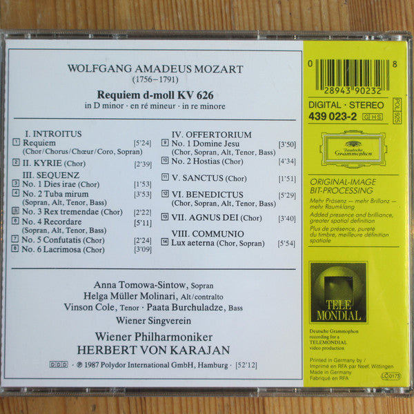 Wolfgang Amadeus Mozart, Anna Tomowa-Sintow, Helga Müller-Molinari, Vinson Cole, Paata Burchuladze / Wiener Singverein, Wiener Philharmoniker, Herbert von Karajan : Requiem (CD, Album, RE, RM)