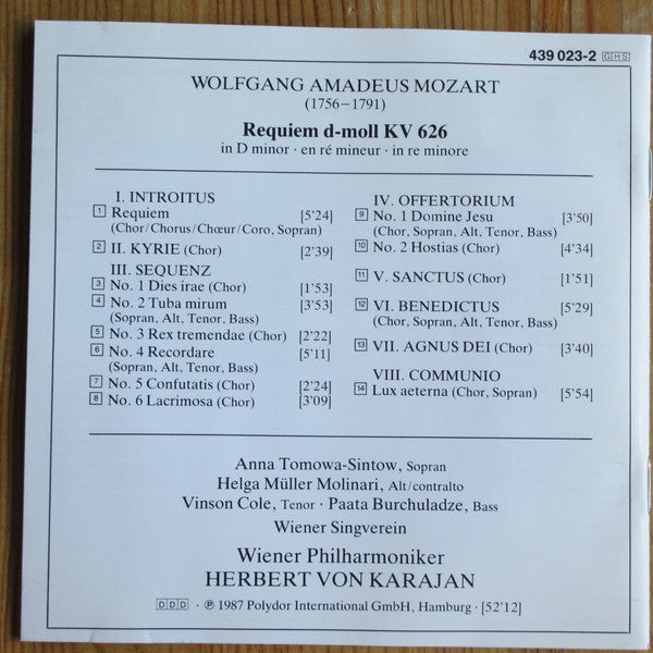 Wolfgang Amadeus Mozart, Anna Tomowa-Sintow, Helga Müller-Molinari, Vinson Cole, Paata Burchuladze / Wiener Singverein, Wiener Philharmoniker, Herbert von Karajan : Requiem (CD, Album, RE, RM)