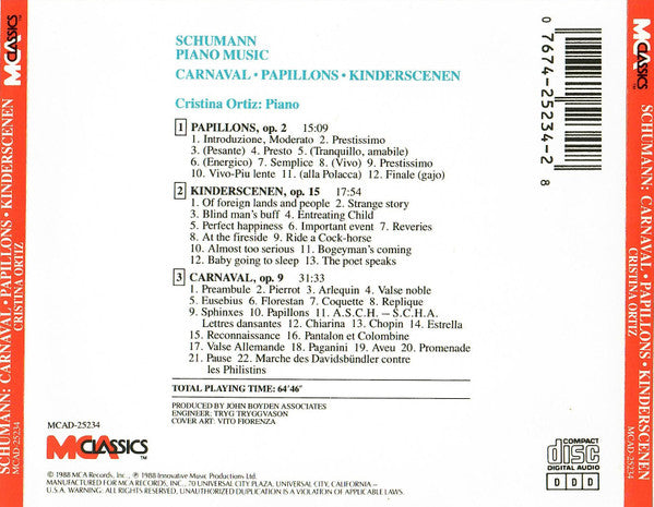 Robert Schumann - Cristina Ortiz : Piano Music: Carnaval / Papillons / Kinderscenen (CD)