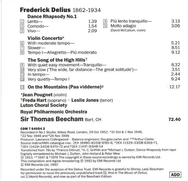 Frederick Delius - Sir Thomas Beecham : Violin Concerto, Song of the High Hills (CD, Comp, Mono)