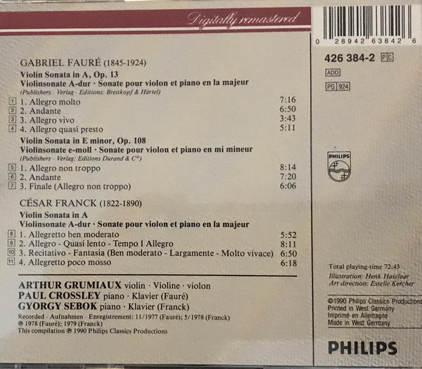 Gabriel Fauré, César Franck - Arthur Grumiaux, Paul Crossley (2), György Sebök : The Violin Sonatas (CD, Comp, RE, RM)