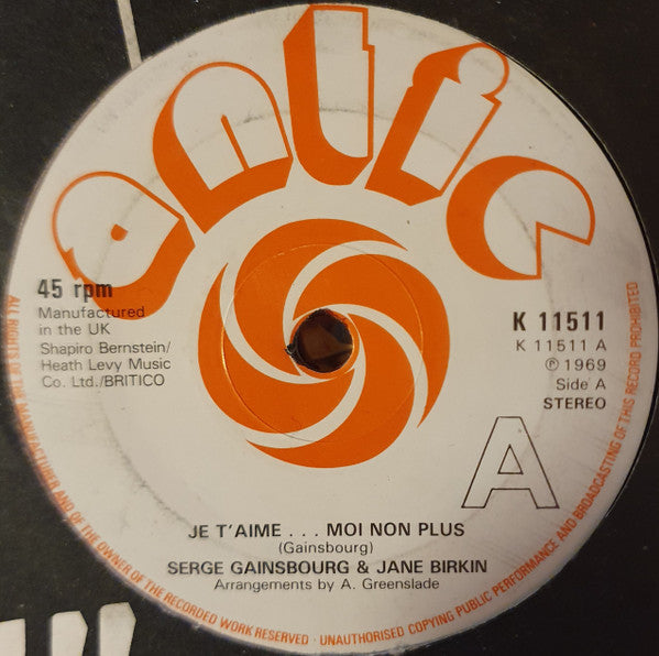Serge Gainsbourg & Jane Birkin : Je T'aime...Moi Non Plus (7", Single, RE)