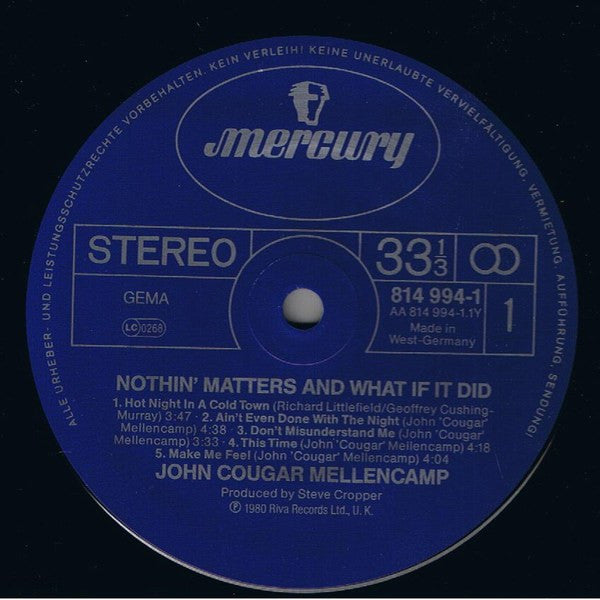 John Cougar Mellencamp : Nothin' Matters And What If It Did (LP, Album, RE)