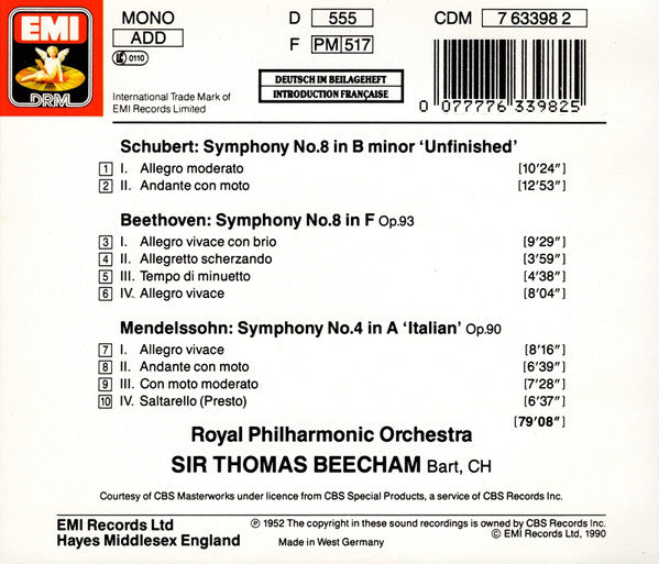 Franz Schubert, Ludwig van Beethoven, Felix Mendelssohn-Bartholdy, Royal Philharmonic Orchestra, Sir Thomas Beecham : Symphony No. 8 'Unfinished' / Symphony No. 8 / Symphony No. 4 'Italian' (CD, Comp, Mono, RM)