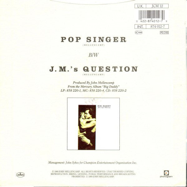 John Cougar Mellencamp : Pop Singer (7", Single, Inj)
