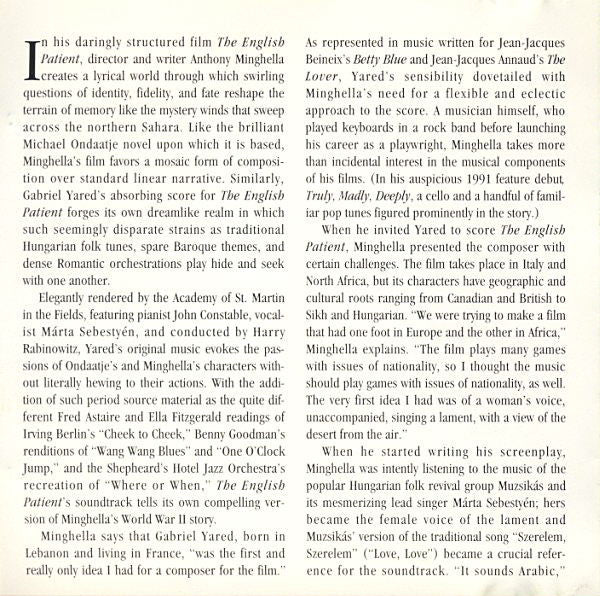 The Academy Of St. Martin-in-the-Fields, Gabriel Yared : The English Patient (Original Soundtrack Recording) (CD)