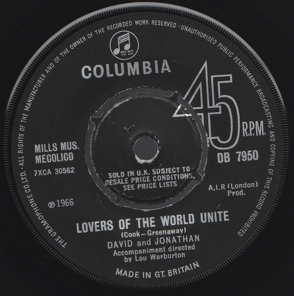 David & Jonathan : Lovers Of The World Unite (7")