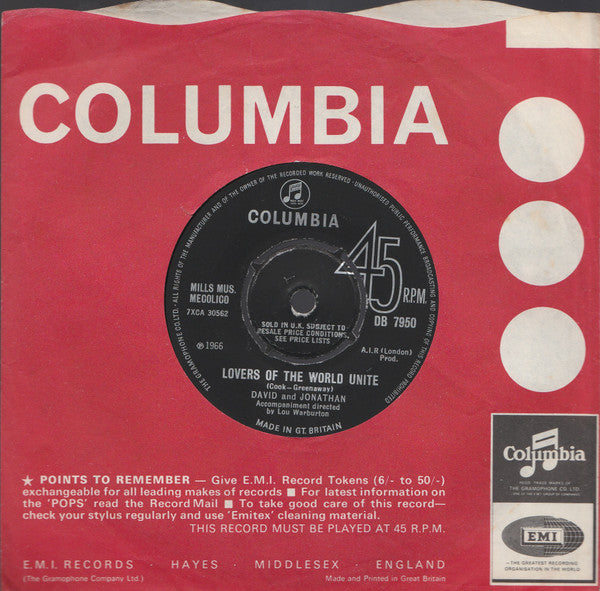 David & Jonathan : Lovers Of The World Unite (7")