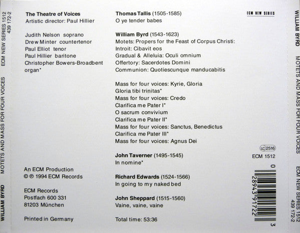 William Byrd, Theatre Of Voices, Paul Hillier : Motets And Mass For Four Voices (CD, Album, RE, RP)