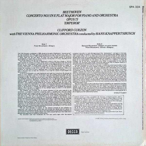 Ludwig van Beethoven, Clifford Curzon, Wiener Philharmoniker, Hans Knappertsbusch : Piano Concerto No.5 'Emperor' (LP, RE)
